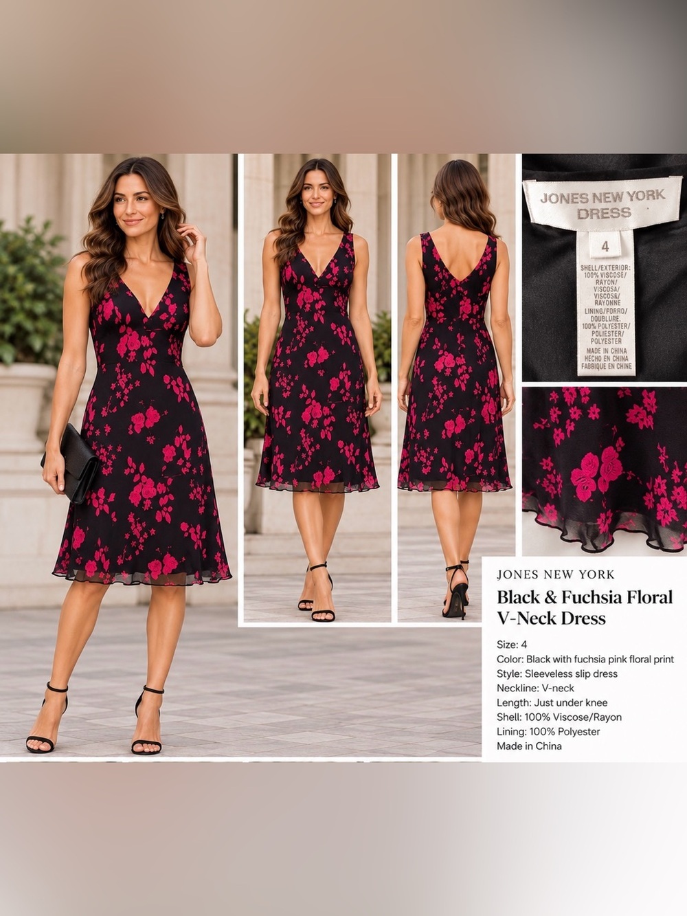 Jones New York Black and Fuchsia Pink Floral sleeveless V-Neck Dress Size 4